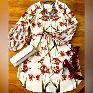 BCBG MaxAzria Tulip Print satin and chiffon long sleeve midi dress. NWOT.